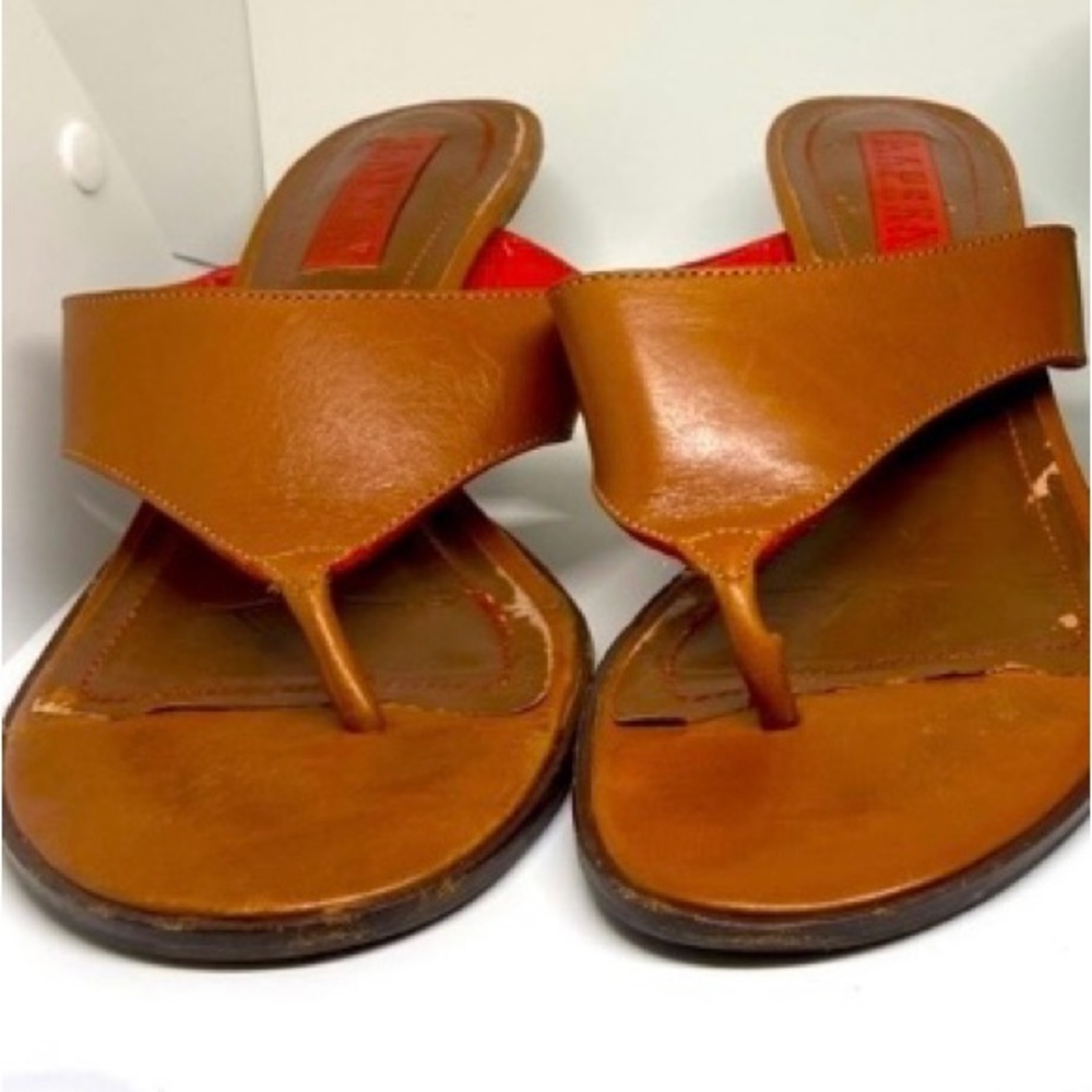 LAUREN Ralph Lauren Leather & Wooden Heel Thong Style Sandal. Natural Leather